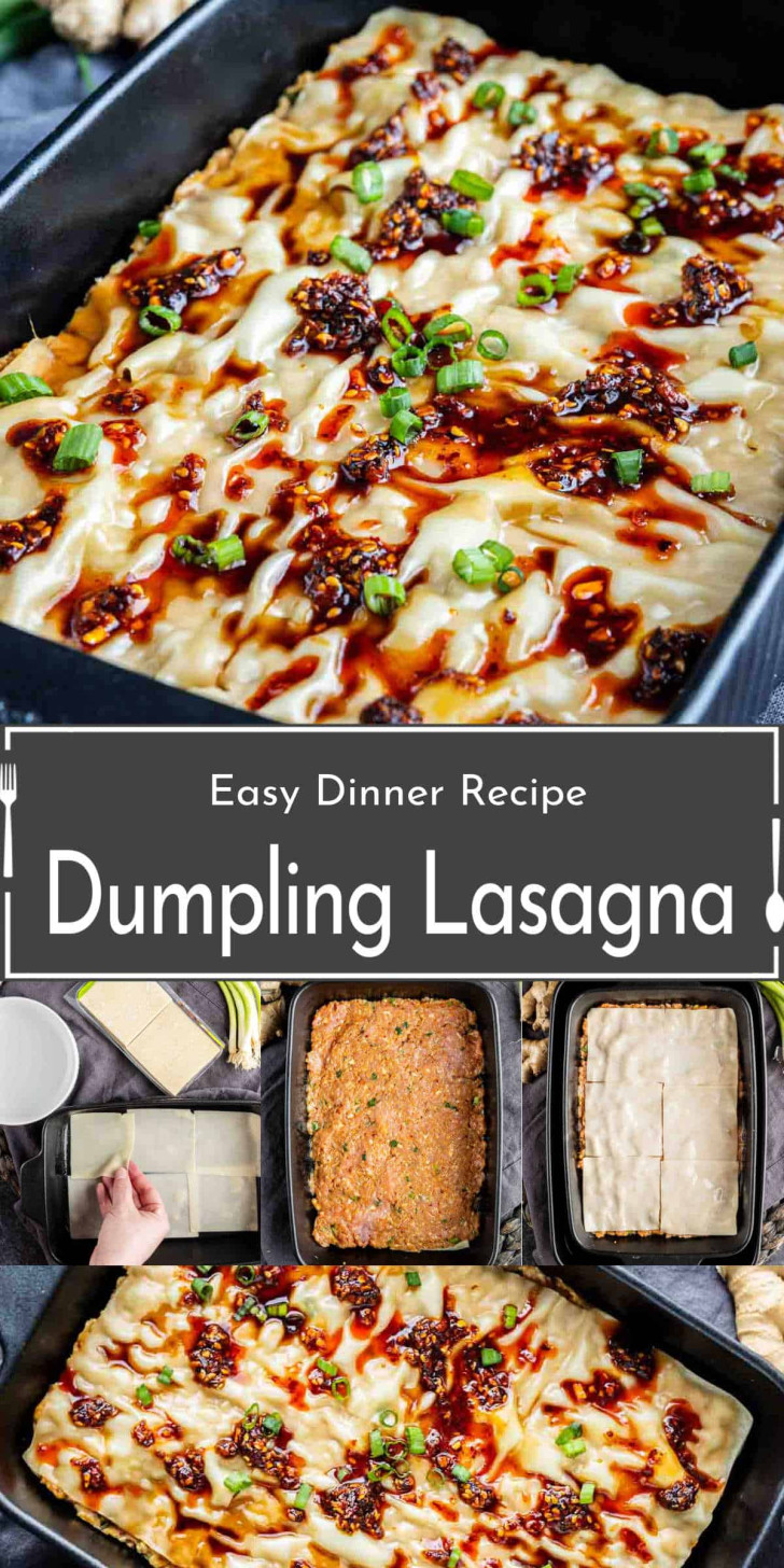 A baking dish of dumpling lasagna topped with sauce and green onions, shown with step-by-step preparation images and a title label reading "Easy Dinner Recipe Dumpling Lasagna.