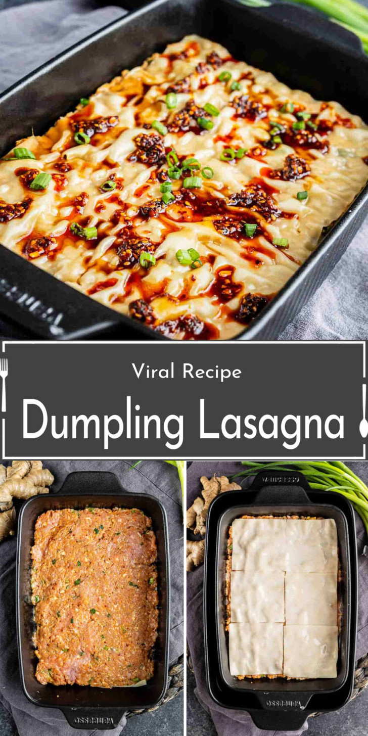A baking dish with layered dumpling lasagna, garnished with sauce and green onions; images show raw meat filling and dumpling wrappers during preparation.