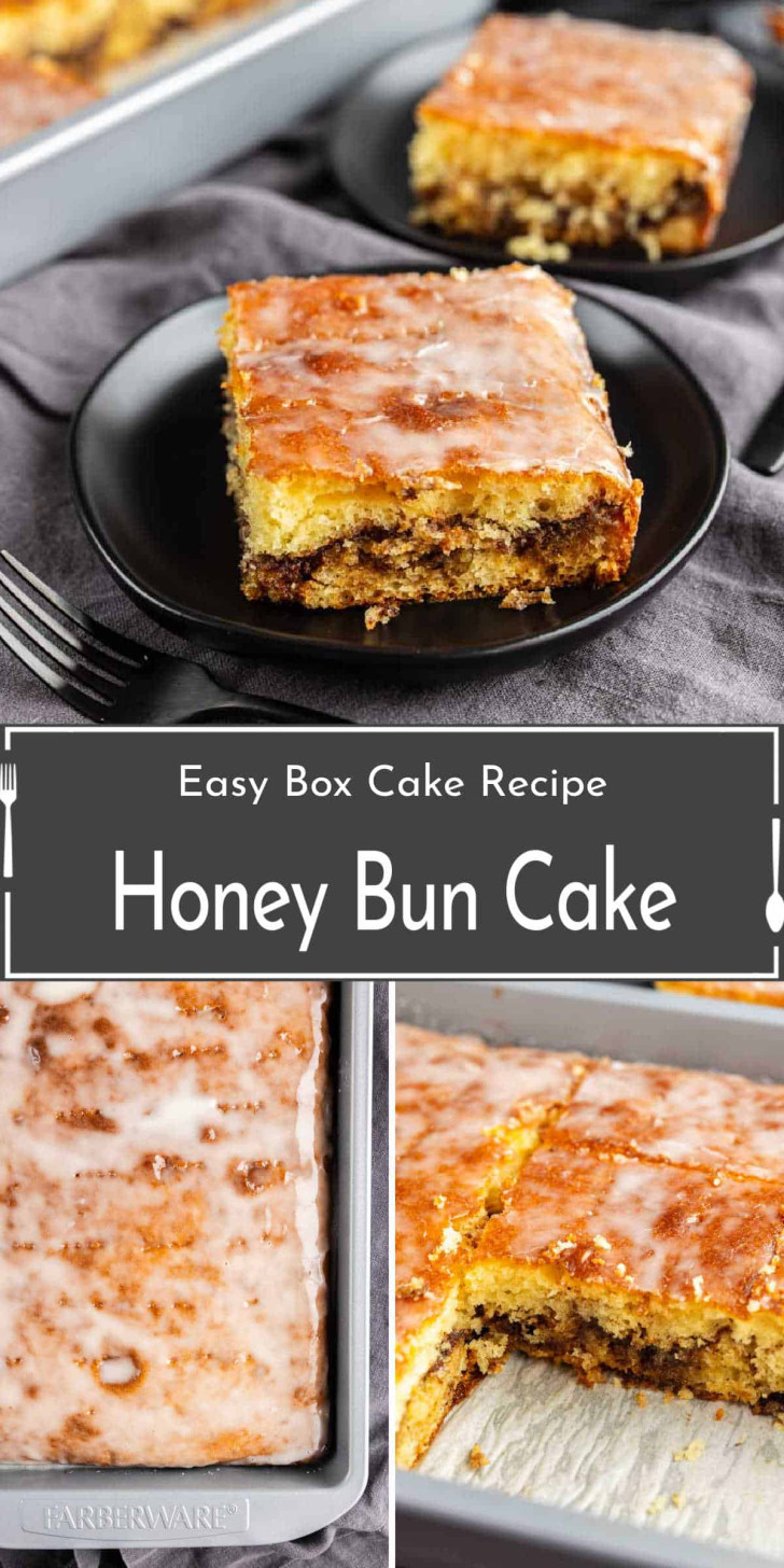 Collage of honey bun cake slices on black plates and in a baking pan, topped with glaze. Text reads: "Easy Box Cake Recipe - Honey Bun Cake.