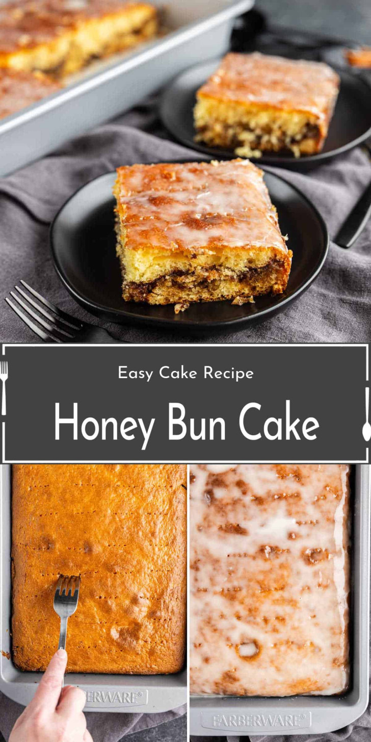 Honey bun cake with glaze shown sliced on plates and in a baking pan. A hand is poking holes in the cake, and the text reads "Easy Cake Recipe Honey Bun Cake.