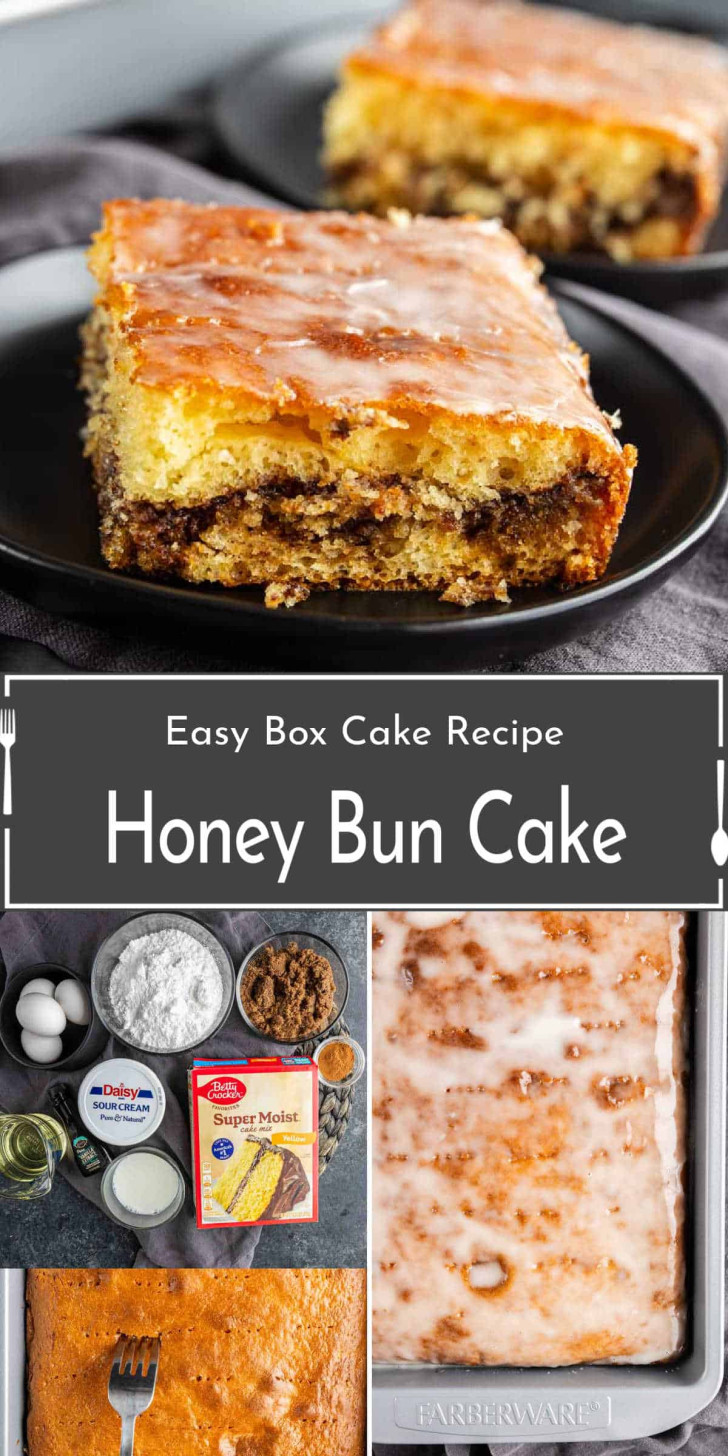 Collage showing a glazed honey bun cake slice on a plate, baking ingredients, a box of cake mix, and the whole cake in a pan. Text overlay reads: "Easy Box Cake Recipe Honey Bun Cake.