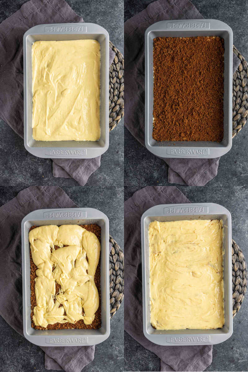 Four-step collage showing a baking pan with yellow batter for an easy honey bun cake, a pan with a brown crumb base, batter dolloped over the crumbs, and then spread evenly over the base.
