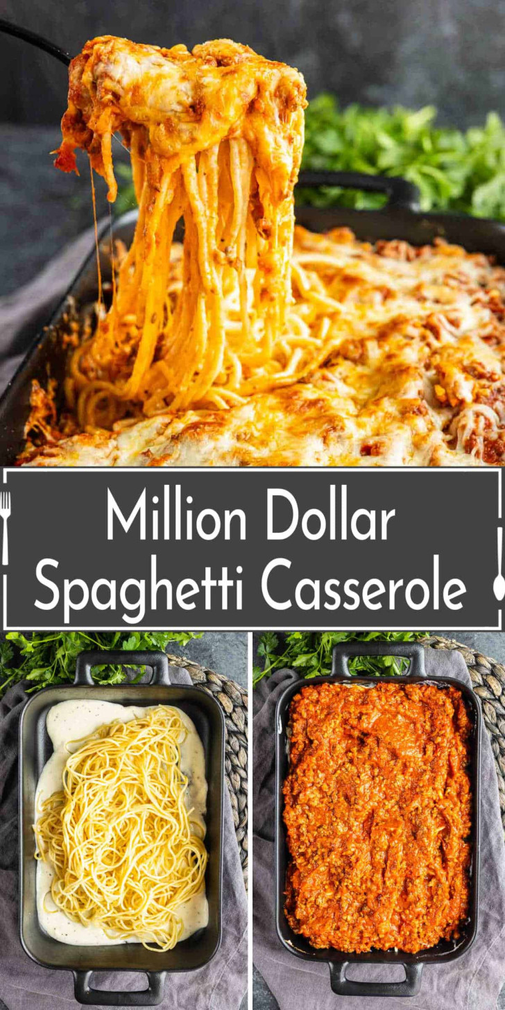 A baked spaghetti casserole topped with melted cheese, shown being served; images below show steps of mixing spaghetti with sauce and layering in a baking dish. Text reads "Million Dollar Spaghetti Casserole.