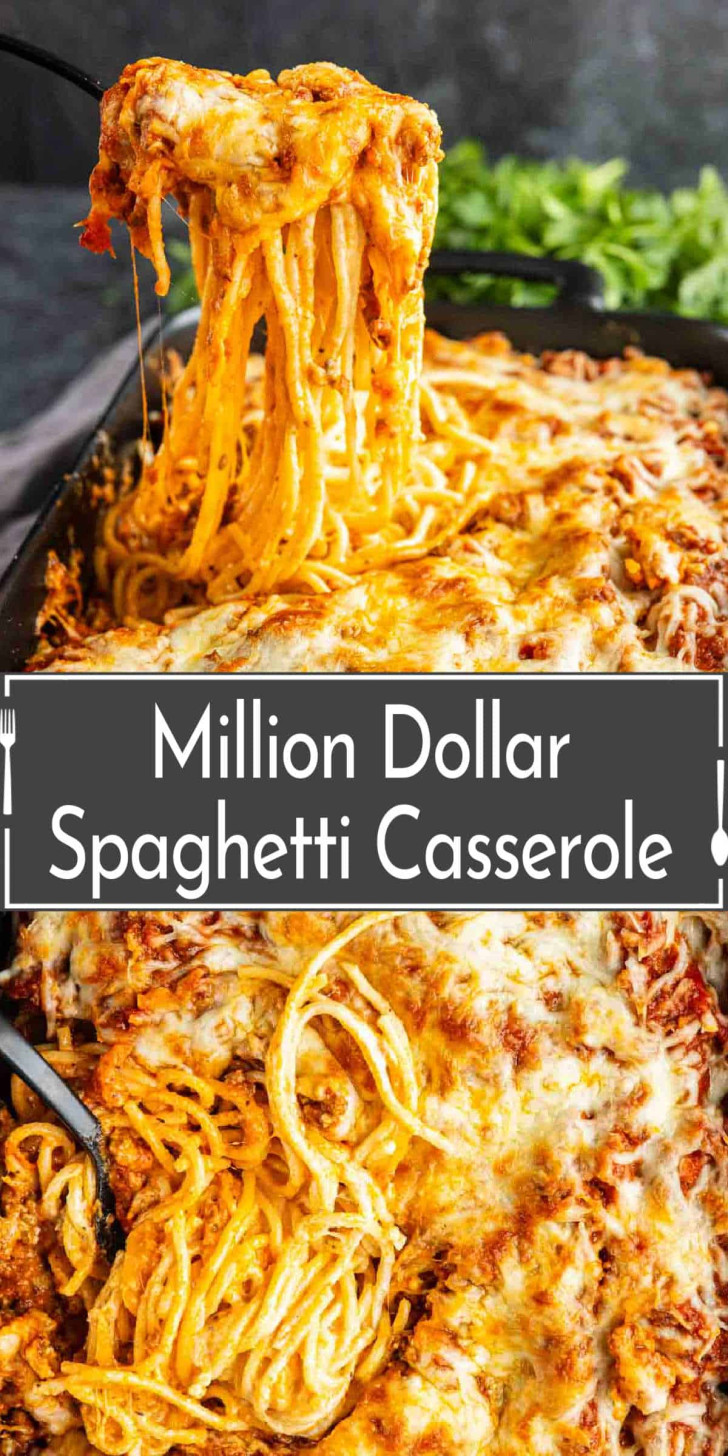 Baked spaghetti casserole topped with melted cheese being served, with text overlay reading "Million Dollar Spaghetti Casserole.