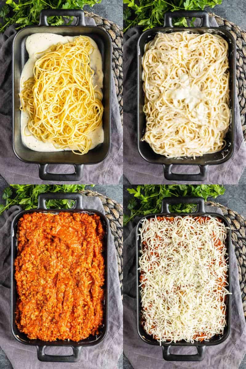 Four-step process of assembling spaghetti casserole in a baking dish: plain noodles with sauce, mixed noodles and sauce, noodles topped with meat sauce, and finally topped with shredded cheese.