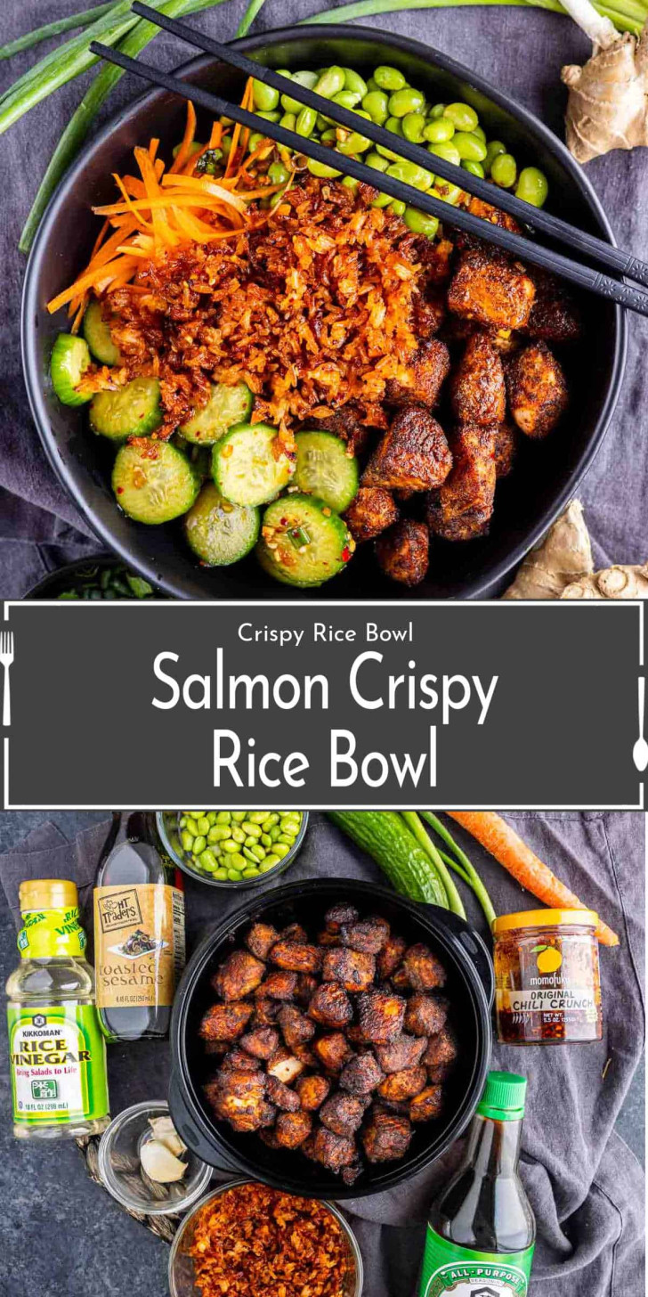 Top: A bowl with crispy salmon pieces, rice, cucumbers, edamame, shredded carrots, and chopsticks. Bottom: Ingredients for the salmon rice bowl arranged around a bowl of cooked salmon.