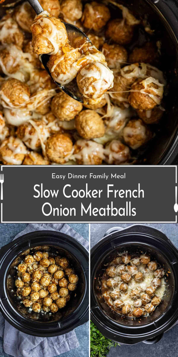 Slow cooker filled with meatballs topped with melted cheese, some being scooped up; labeled "Slow Cooker French Onion Meatballs" as a family meal option.