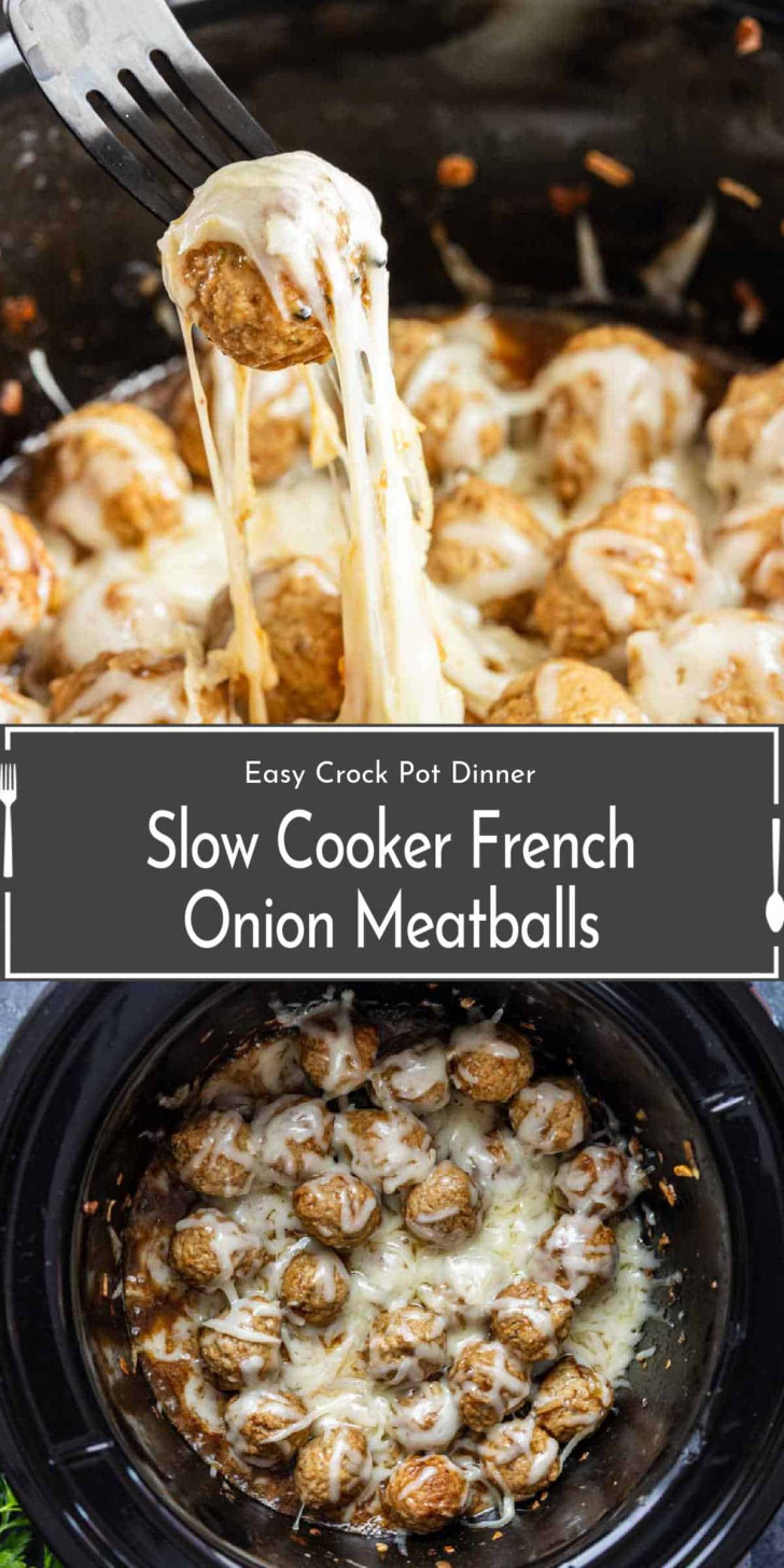 Meatballs topped with melted cheese in a slow cooker, with one meatball being lifted by a fork. Text overlay reads: "Slow Cooker French Onion Meatballs.