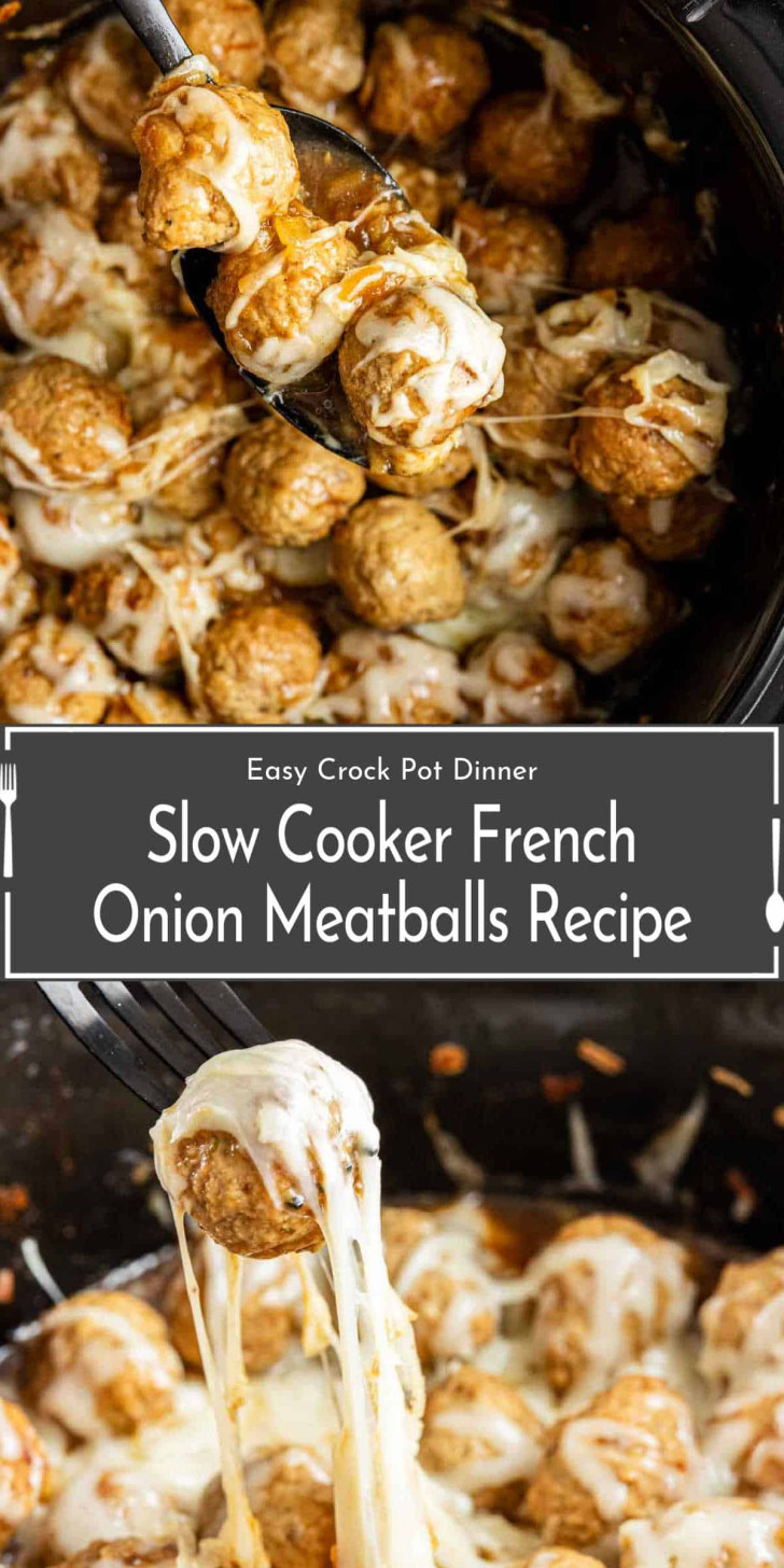Meatballs covered in melted cheese and onions are being served from a slow cooker. Text overlay reads: "Slow Cooker French Onion Meatballs Recipe.