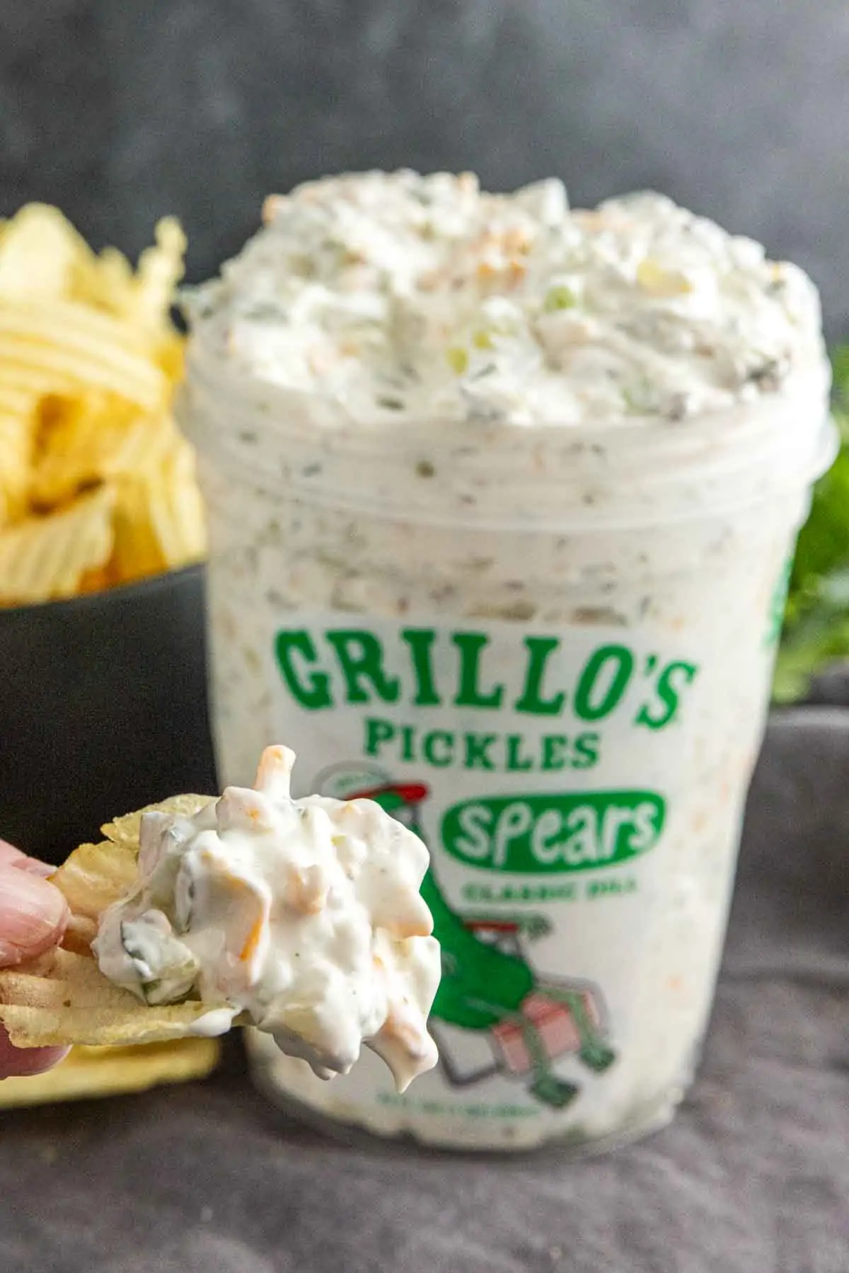 A potato chip is dipped into a creamy Viral Pickle Dip inside a Grillo's Pickles spears container, with potato chips in a bowl in the background.