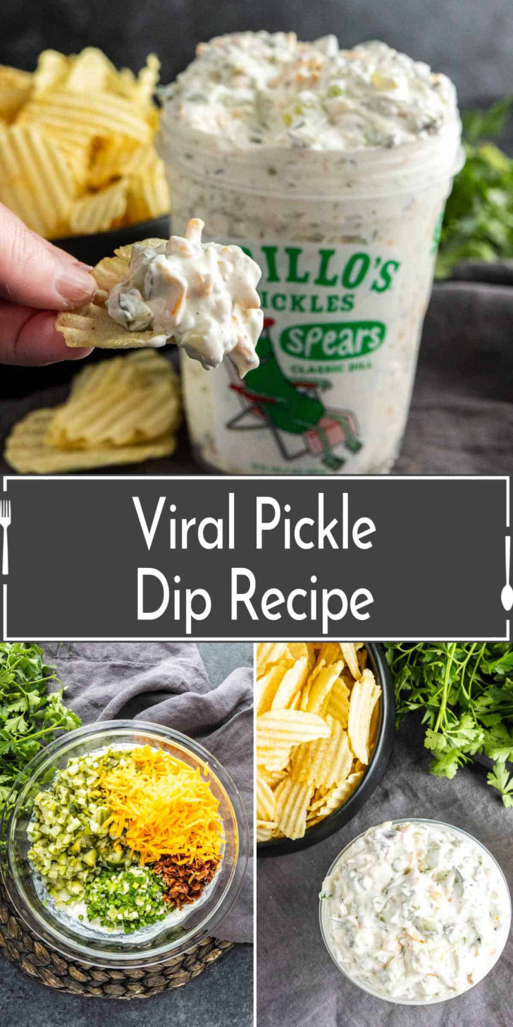 A hand holds a chip topped with creamy dip in front of a container labeled "Dillo's Pickles." Below are ingredients in a bowl and a bowl of dip with chips and herbs. Text reads "Viral Pickle Dip Recipe.