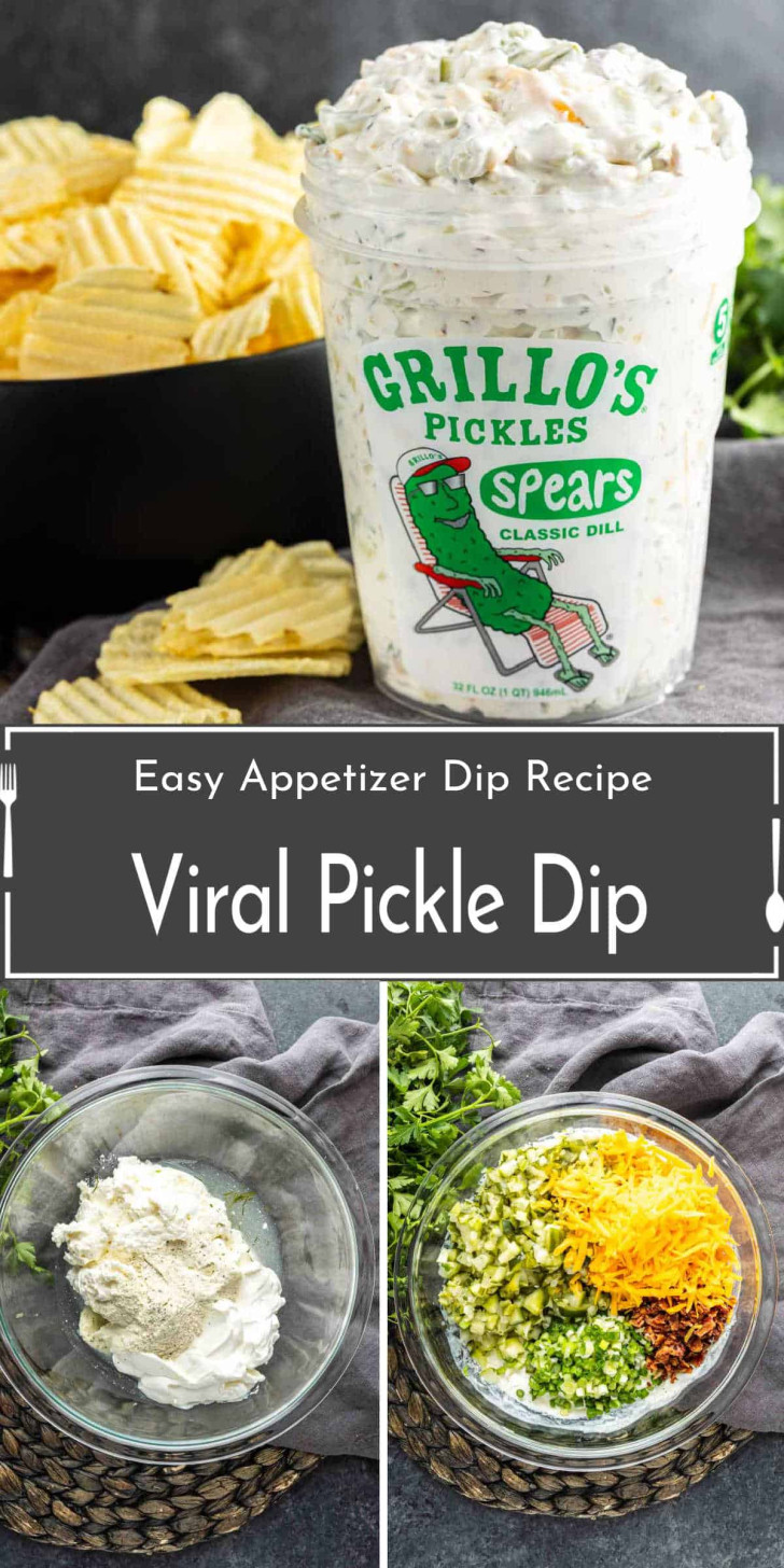 A container of Grillo’s Pickles next to ridged potato chips, plus bowls showing ingredients and preparation steps for a viral pickle dip recipe.