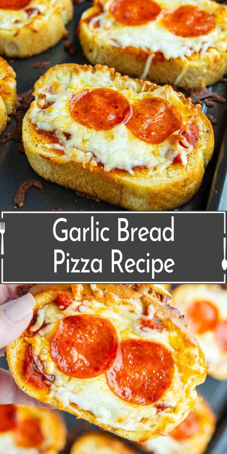 Slices of garlic bread topped with melted cheese and pepperoni, arranged on a baking tray with text reading "Garlic Bread Pizza Recipe.