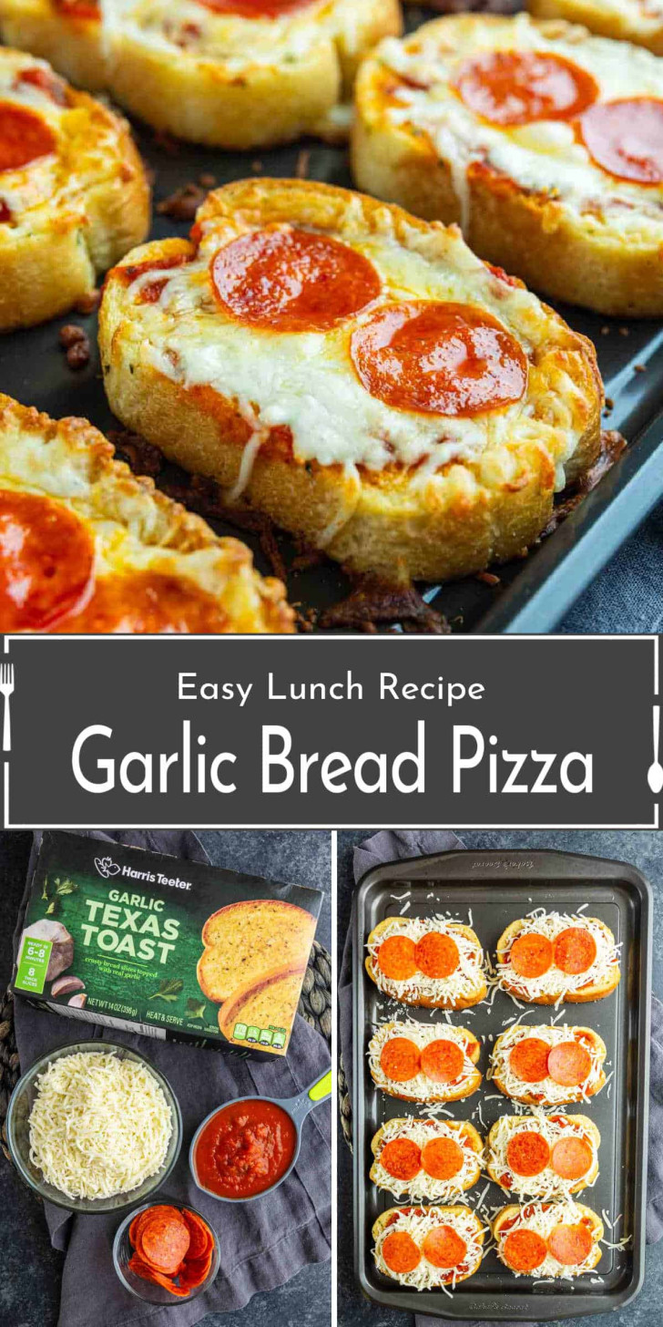 Slices of garlic bread topped with mozzarella cheese and pepperoni, arranged on a baking tray, shown before and after baking, with ingredients displayed. Text reads: "Garlic Bread Pizza.
