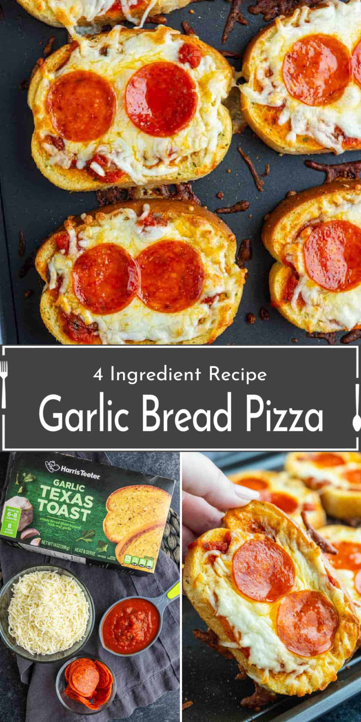 Garlic bread slices topped with pizza sauce, mozzarella cheese, and pepperoni, arranged on a baking tray, with packaged ingredients and a close-up of a finished slice shown.