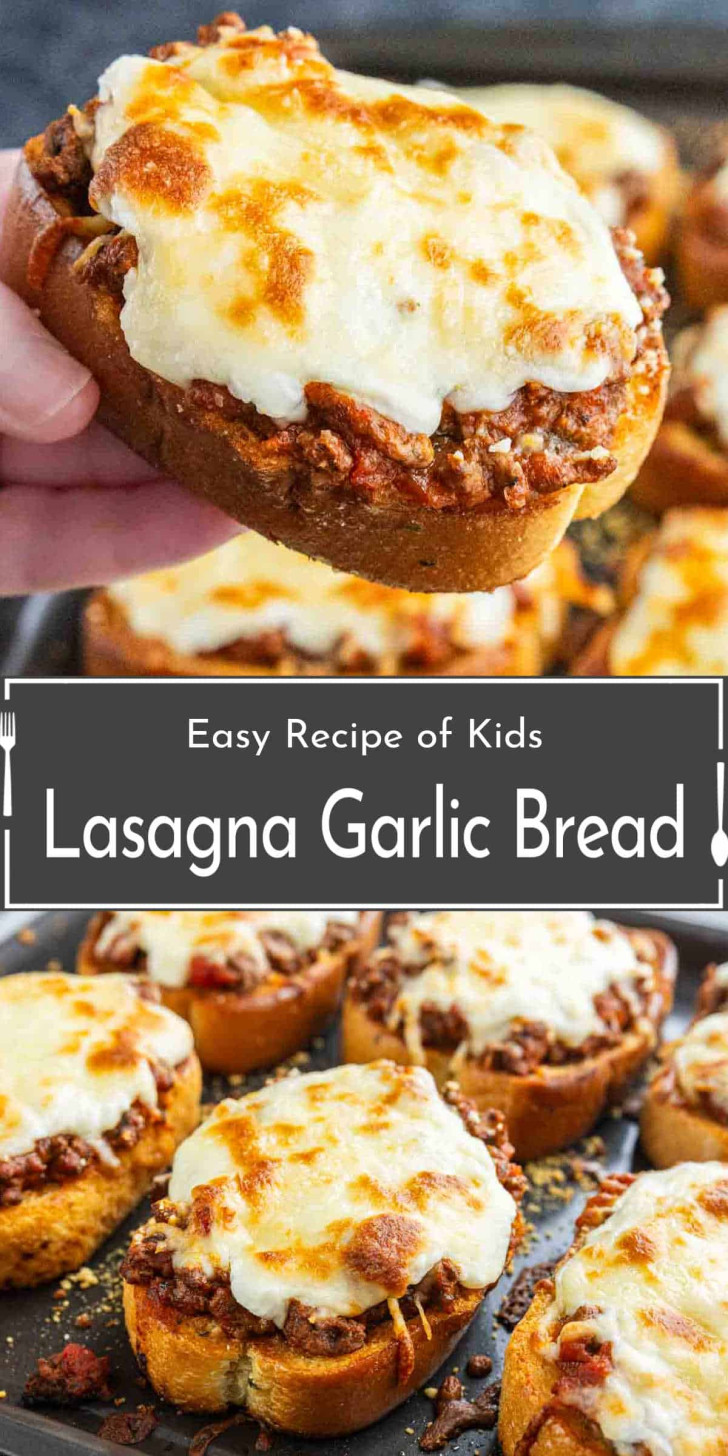 Close-up of toasted bread slices topped with meat sauce and melted cheese, labeled as "Lasagna Garlic Bread" with text indicating it's an easy recipe for kids.