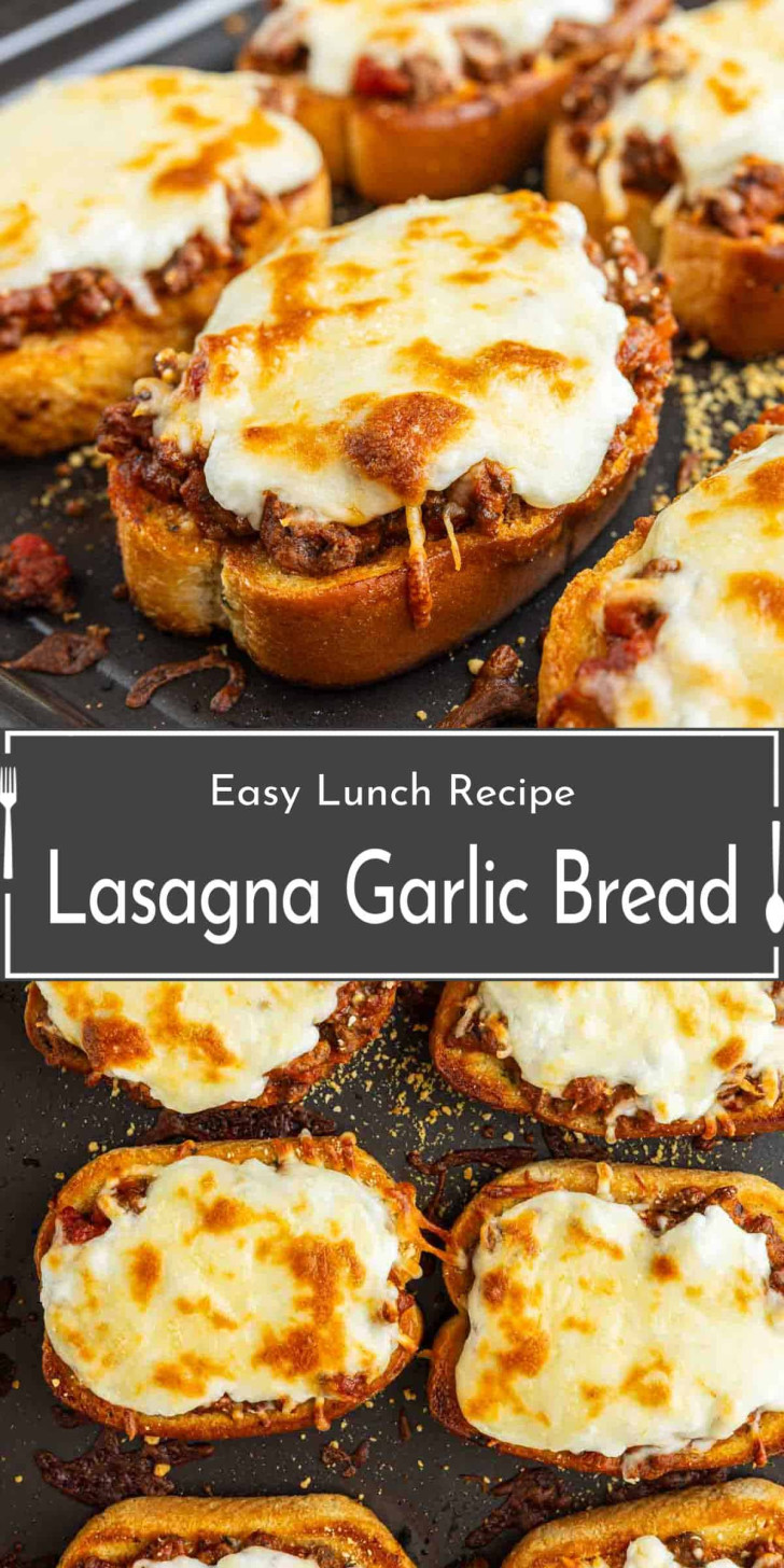 Slices of garlic bread topped with lasagna meat sauce and melted cheese are arranged on a baking tray. Text overlay reads: "Easy Lunch Recipe: Lasagna Garlic Bread.