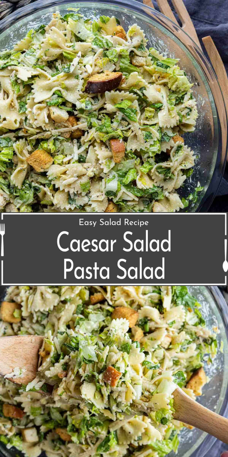A glass bowl filled with Caesar pasta salad made with bowtie pasta, lettuce, croutons, and grated cheese, with wooden salad utensils nearby.