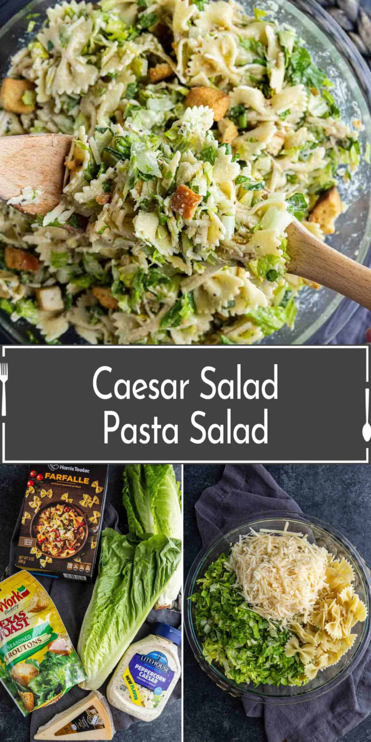 A bowl of Caesar salad pasta being mixed, with ingredients like pasta, lettuce, dressing, Parmesan, and a Caesar salad pasta label in the center.
