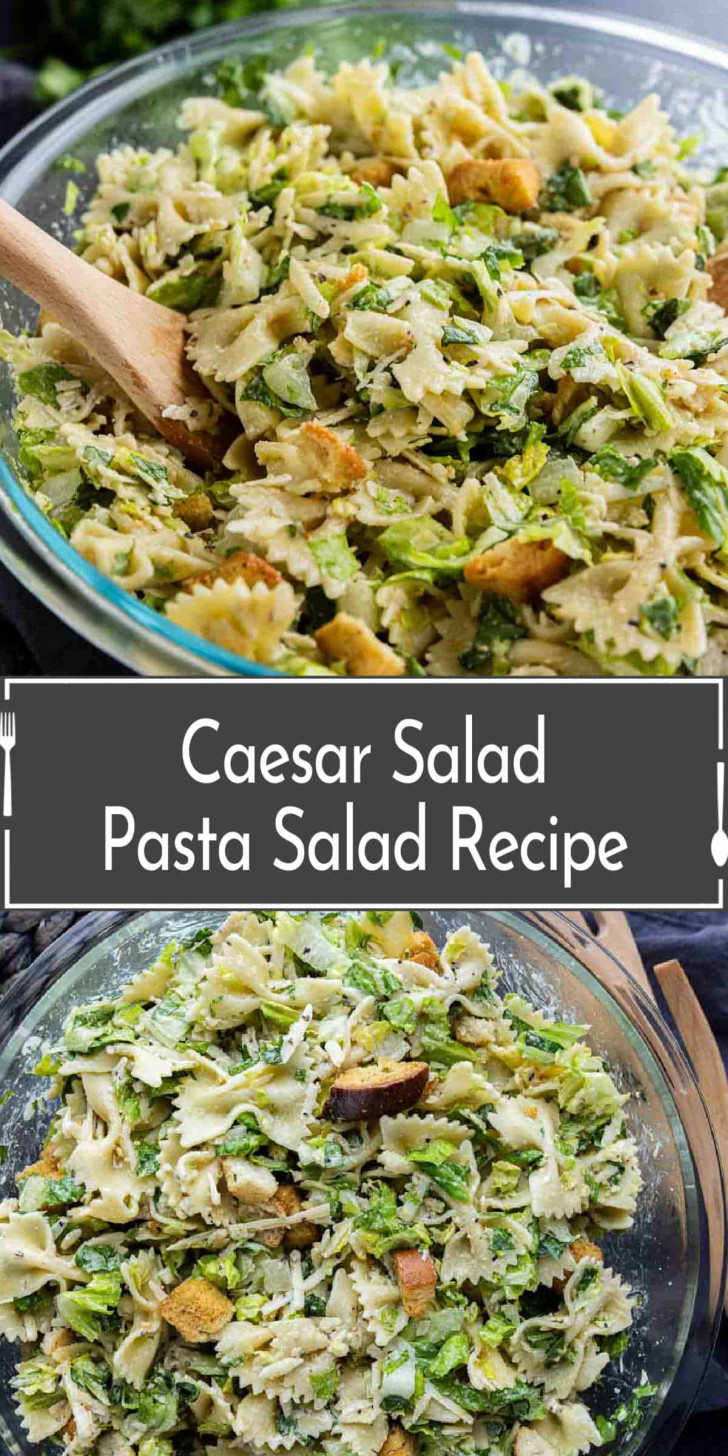 A glass bowl of Caesar pasta salad with bowtie pasta, lettuce, croutons, and dressing, shown from two angles with a wooden spoon. The text reads: "Caesar Salad Pasta Salad Recipe.