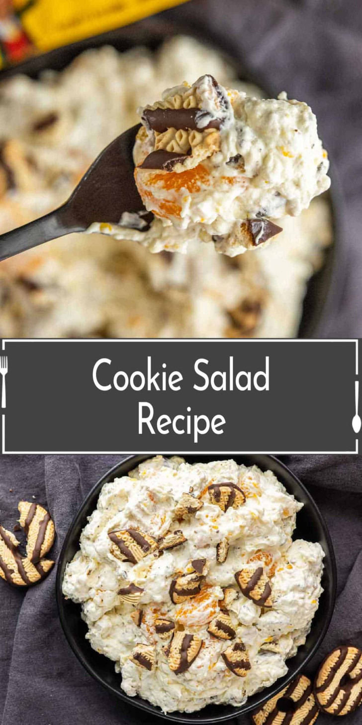 A bowl of cookie salad with chocolate-striped cookies on top, and a spoonful of the salad lifted above the bowl. Text reads "Cookie Salad Recipe.