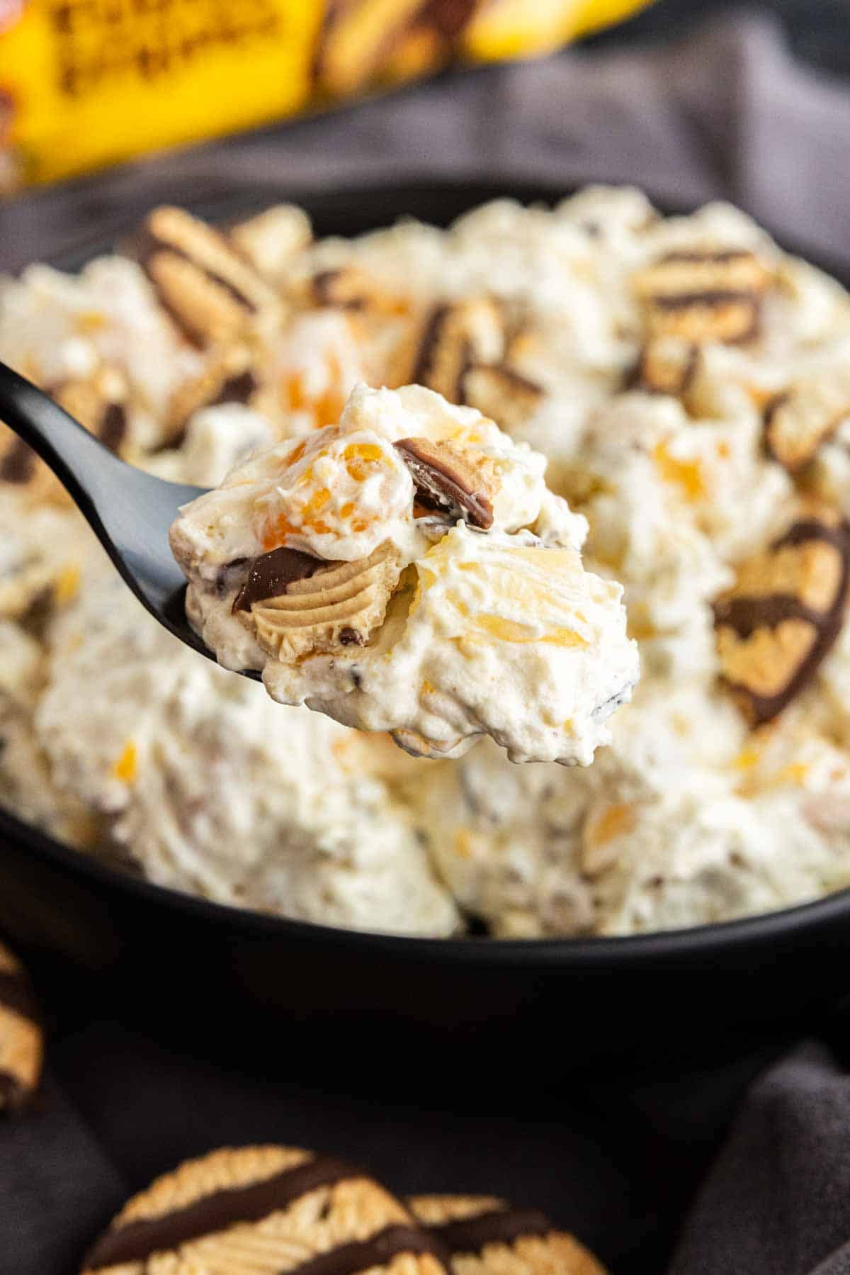 A spoonful of creamy Fudge Stripe Cookie Salad with chocolate-striped cookies and fruit pieces held above a bowl filled with the same mixture.