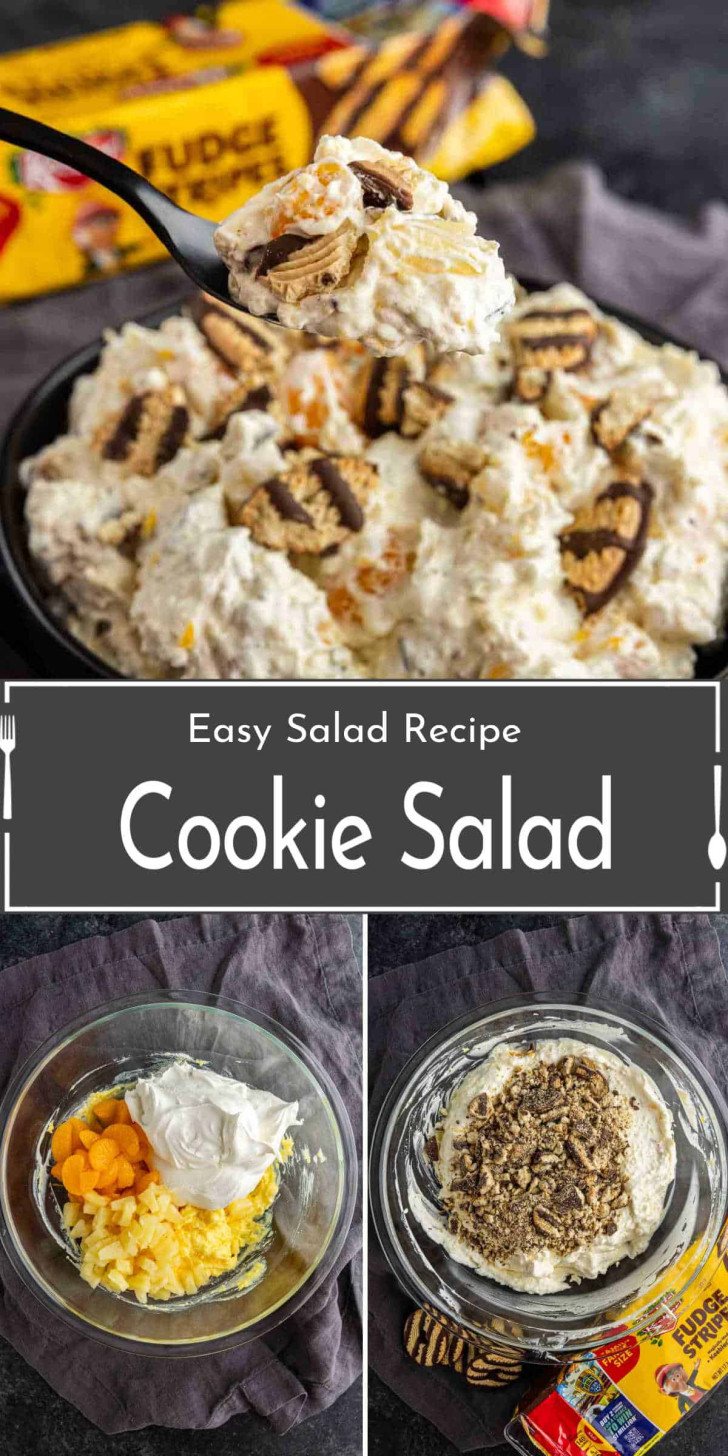 Top: Bowl of creamy cookie salad with chopped cookies. Bottom: Two bowls with ingredients—crushed cookies, whipped topping, fruit, and pudding mix—shown before mixing. Text reads "Cookie Salad.