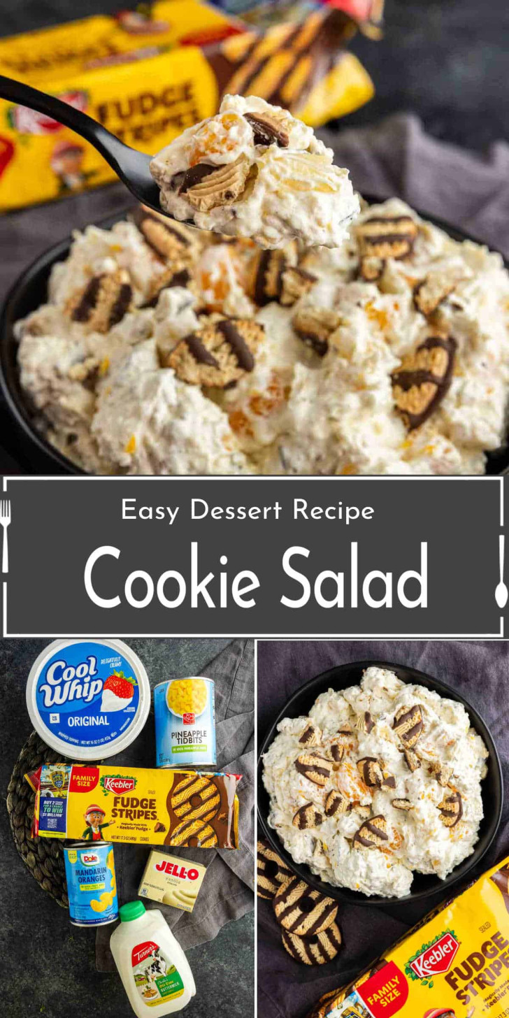 A bowl of cookie salad made with whipped topping, crushed cookies, and pudding mix, shown with labeled ingredients and a serving spoon.