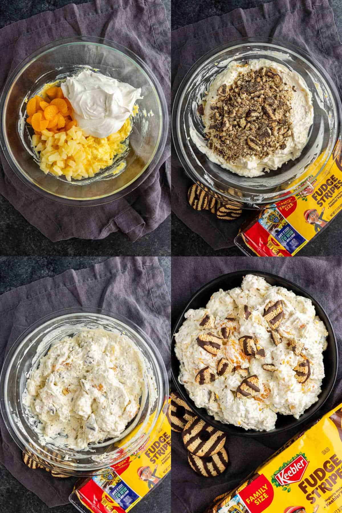 Four-step collage showing an easy Cookie Salad being made: cream, fruit, and cookies mixed in a bowl, then topped with chopped Keebler Fudge Stripes cookies.