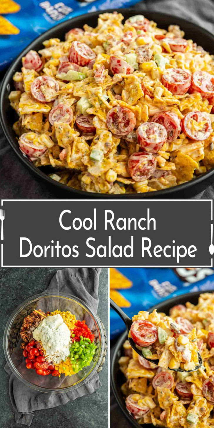 A bowl of Cool Ranch Doritos salad with cherry tomatoes, lettuce, and dressing, shown with separate salad ingredients and a spoonful of the finished dish. Text overlay reads "Cool Ranch Doritos Salad Recipe.