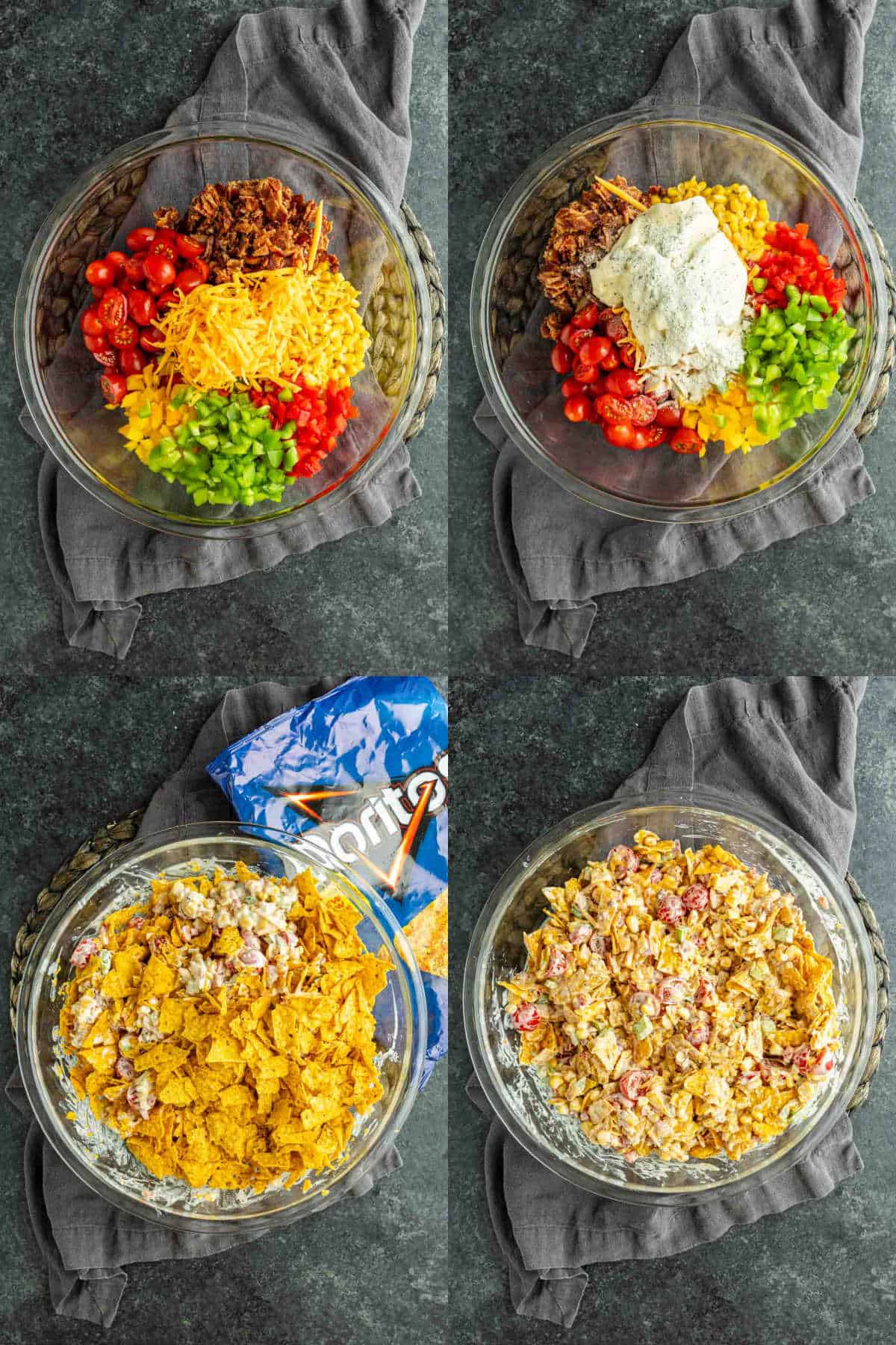 Four-step process of making a Cool Ranch Doritos Salad: ingredients in a bowl, addition of dressing, crumbled Cool Ranch Doritos added, and the final mixed salad.