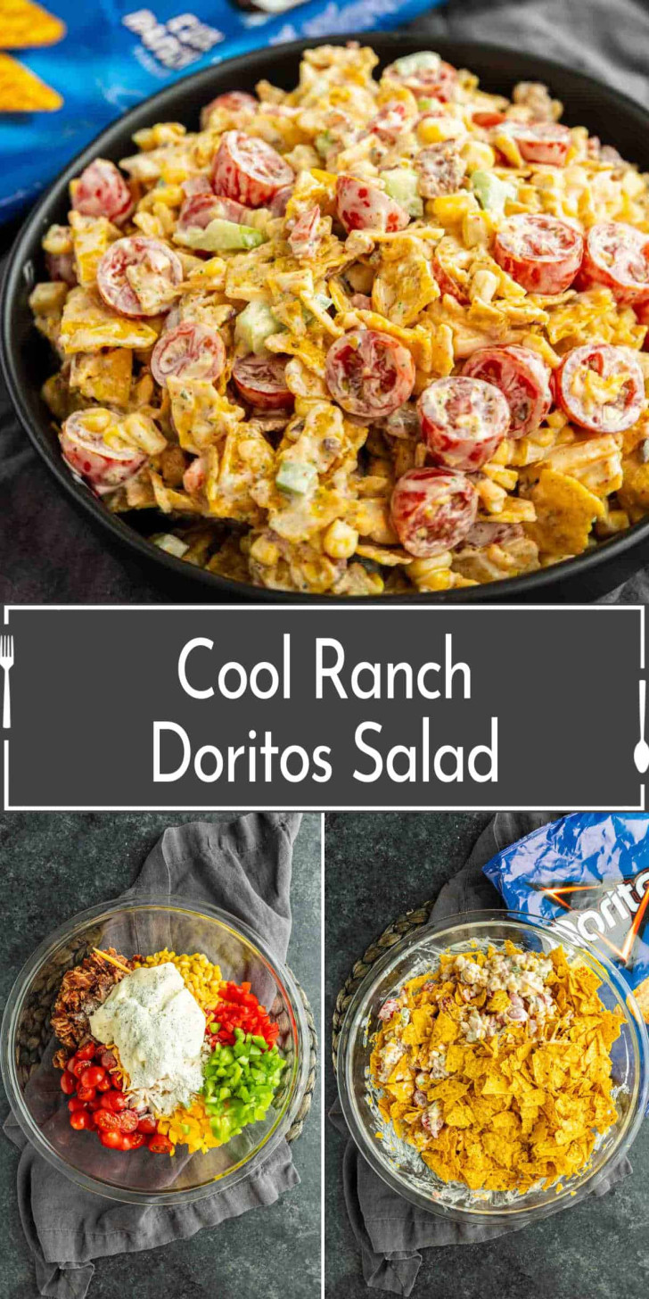 Three images show Cool Ranch Doritos Salad: a serving in a black bowl, a bowl of ingredients including tomatoes and Doritos, and another bowl with crushed Doritos on top.