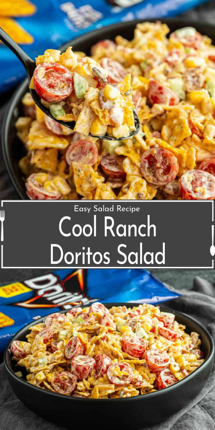 A bowl of Cool Ranch Doritos salad with cherry tomatoes, corn, green onions, cheese, and crushed Doritos, with a Doritos bag in the background.