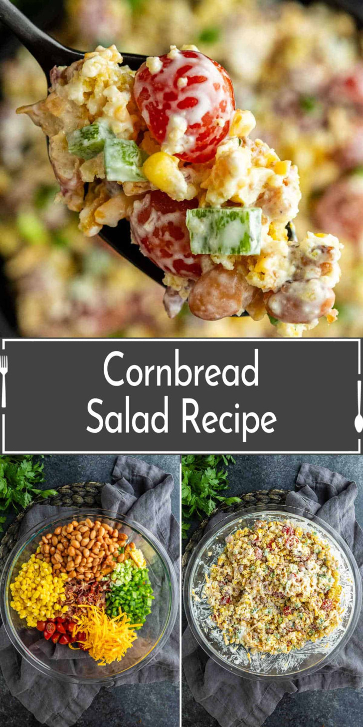A spoonful of cornbread salad is shown above a bowl; beneath, two bowls display the salad’s ingredients and the mixed final result. Text reads "Cornbread Salad Recipe.