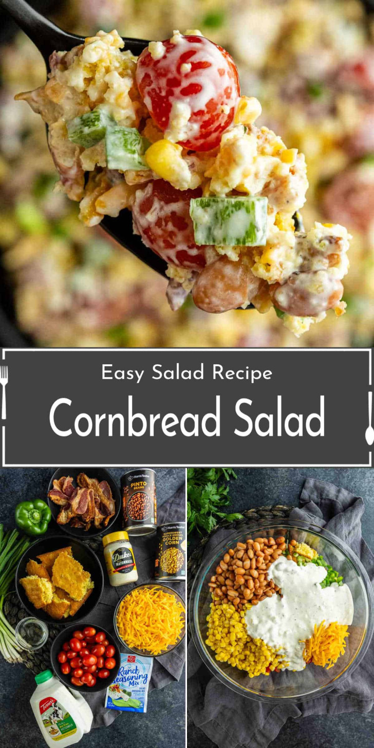 Spoonful of cornbread salad above a bowl; below, ingredients including cornbread, beans, vegetables, cheese, bacon, and dressing are arranged on a table and mixed in a large bowl.