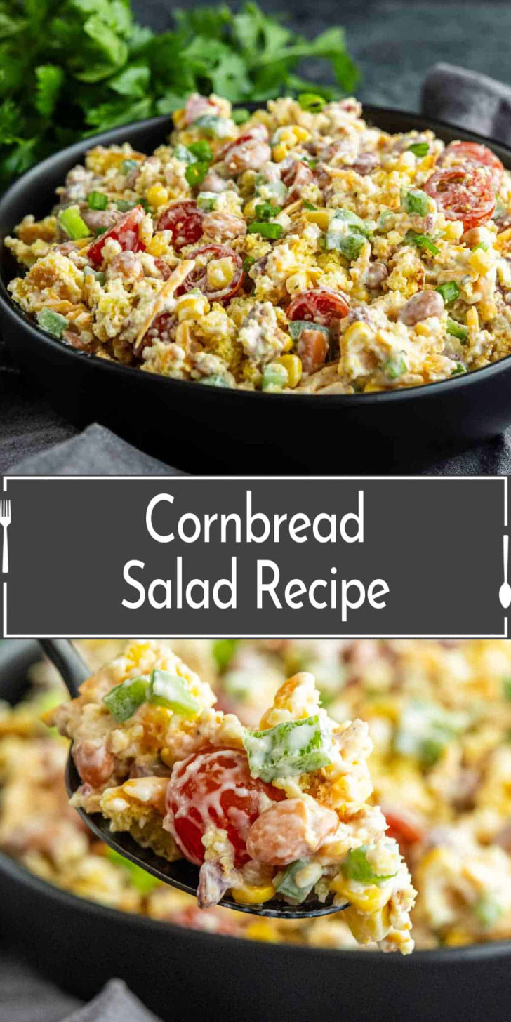 A black bowl filled with cornbread salad made of cornbread, cherry tomatoes, green onions, and other vegetables sits beside a spoonful of the salad. Text reads "Cornbread Salad Recipe.