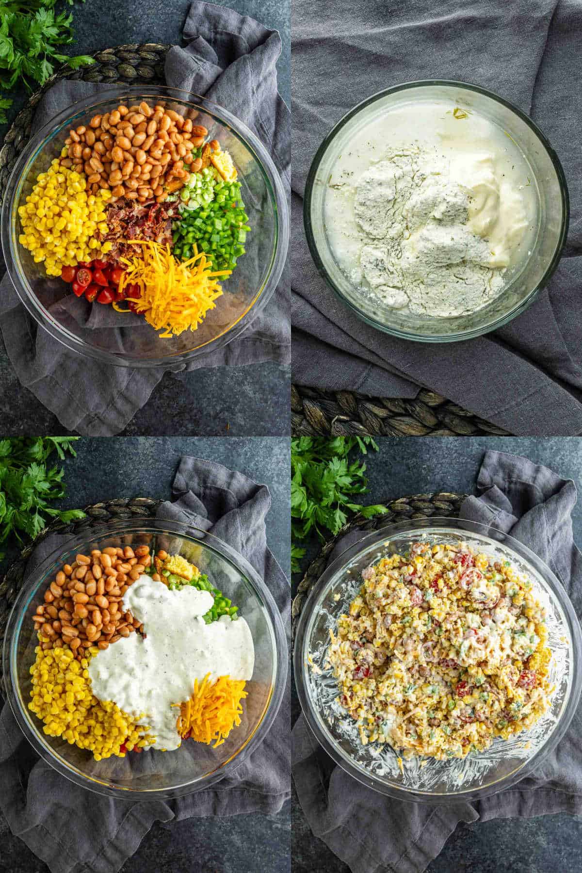 Four images show the process of making a Southern Cornbread Salad: assembling ingredients in a bowl, mixing a creamy ranch dressing, adding dressing to the salad, and the final mixed cornbread salad ready as a Southern potluck side dish.