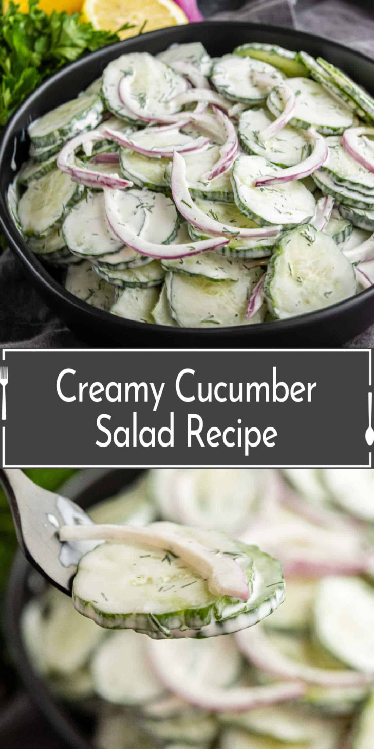 A bowl of creamy cucumber salad with sliced cucumbers, red onions, and dill, with a close-up of a spoonful of the salad below. Text reads: "Creamy Cucumber Salad Recipe.