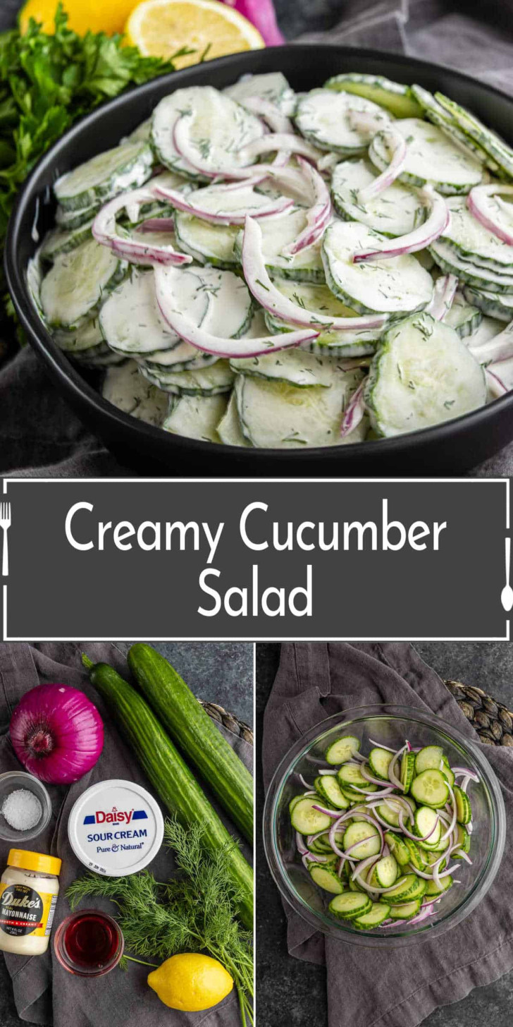 A bowl of creamy cucumber salad with sliced cucumbers, red onions, and dill. Ingredients and a mixing bowl with cucumbers and onions are shown below. Text reads "Creamy Cucumber Salad.