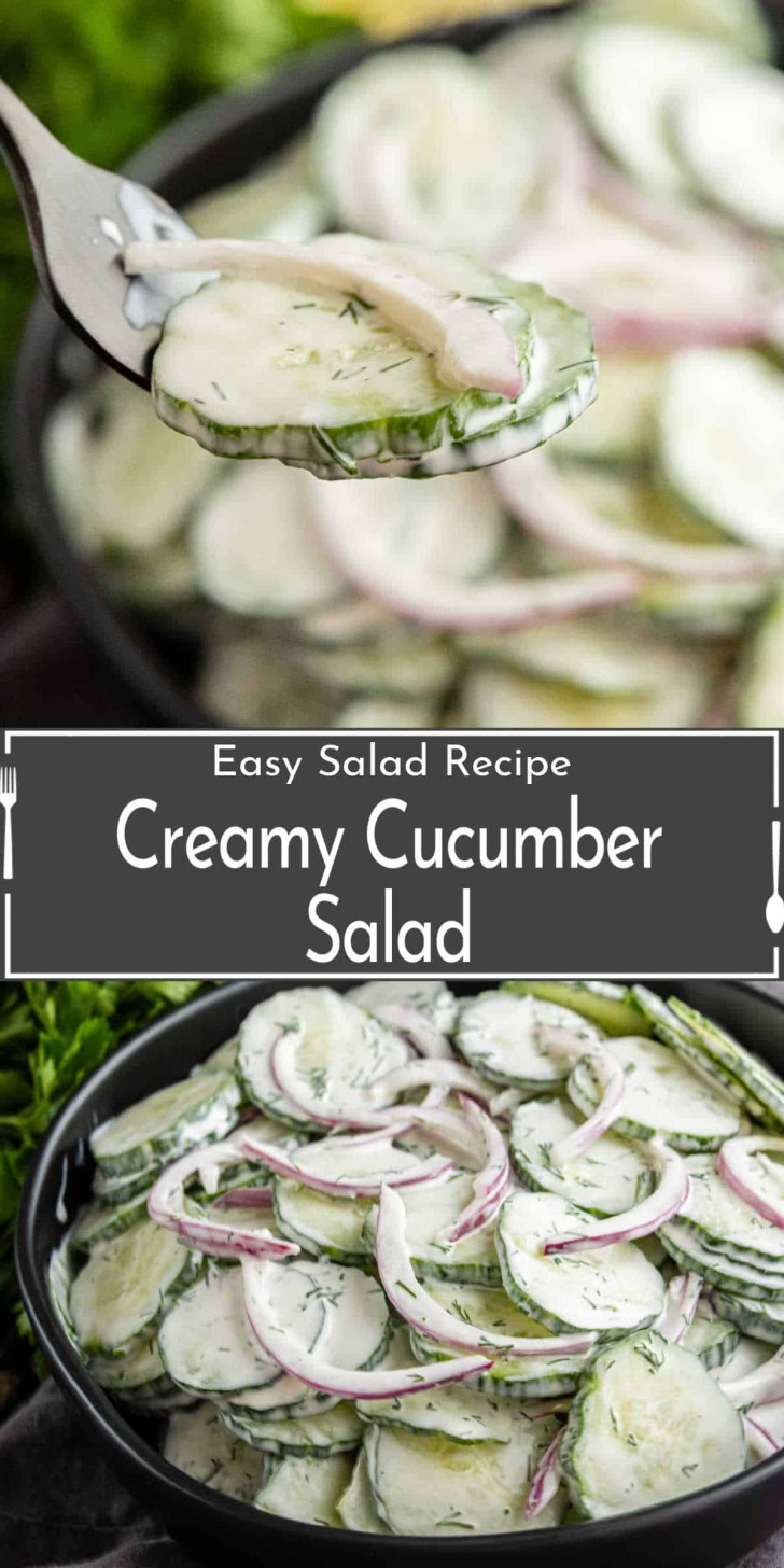 A bowl of creamy cucumber salad with sliced cucumbers and red onions, topped with a creamy dressing, with a serving fork lifting a portion.
