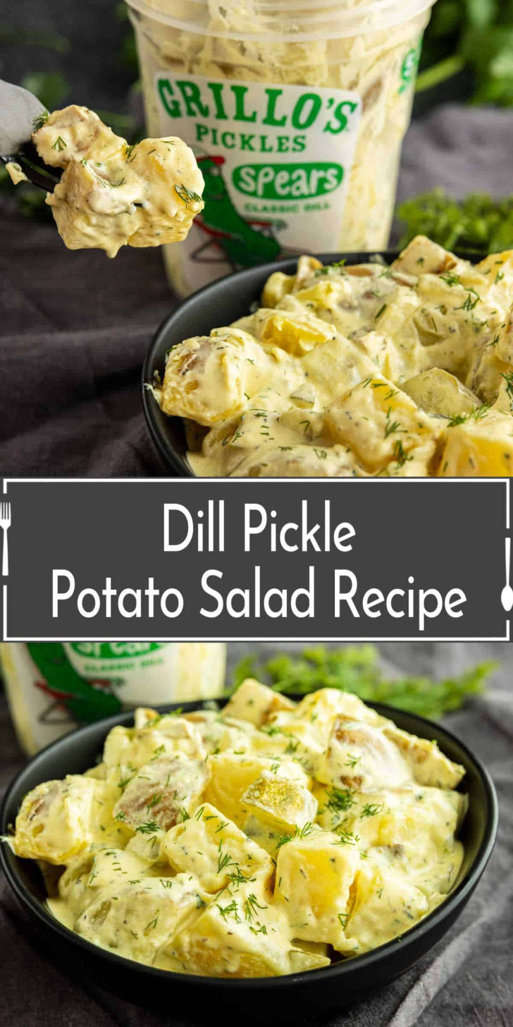 A bowl of dill pickle potato salad garnished with herbs, with a tub of Grillo's Pickles spears in the background. Text reads "Dill Pickle Potato Salad Recipe.