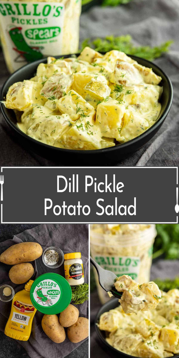A bowl of dill pickle potato salad is shown with pickles in the background. Also pictured are the ingredients: potatoes, pickles, mayonnaise, mustard, and seasonings.