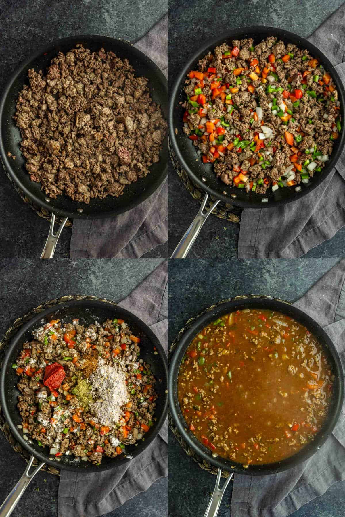 Four images show the steps of a dirty spaghetti recipe: ground beef cooking in a pan, diced vegetables added, then spices and tomato paste stirred in, and finally everything simmering in broth.