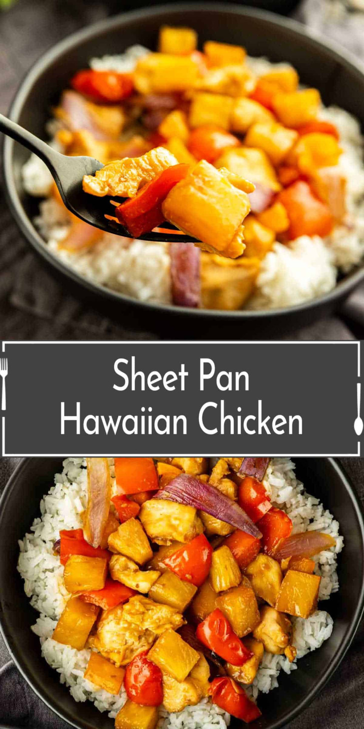 A bowl of sheet pan Hawaiian chicken with chunks of chicken, pineapple, red bell pepper, and red onion served over white rice. A fork holds a bite above the bowl.