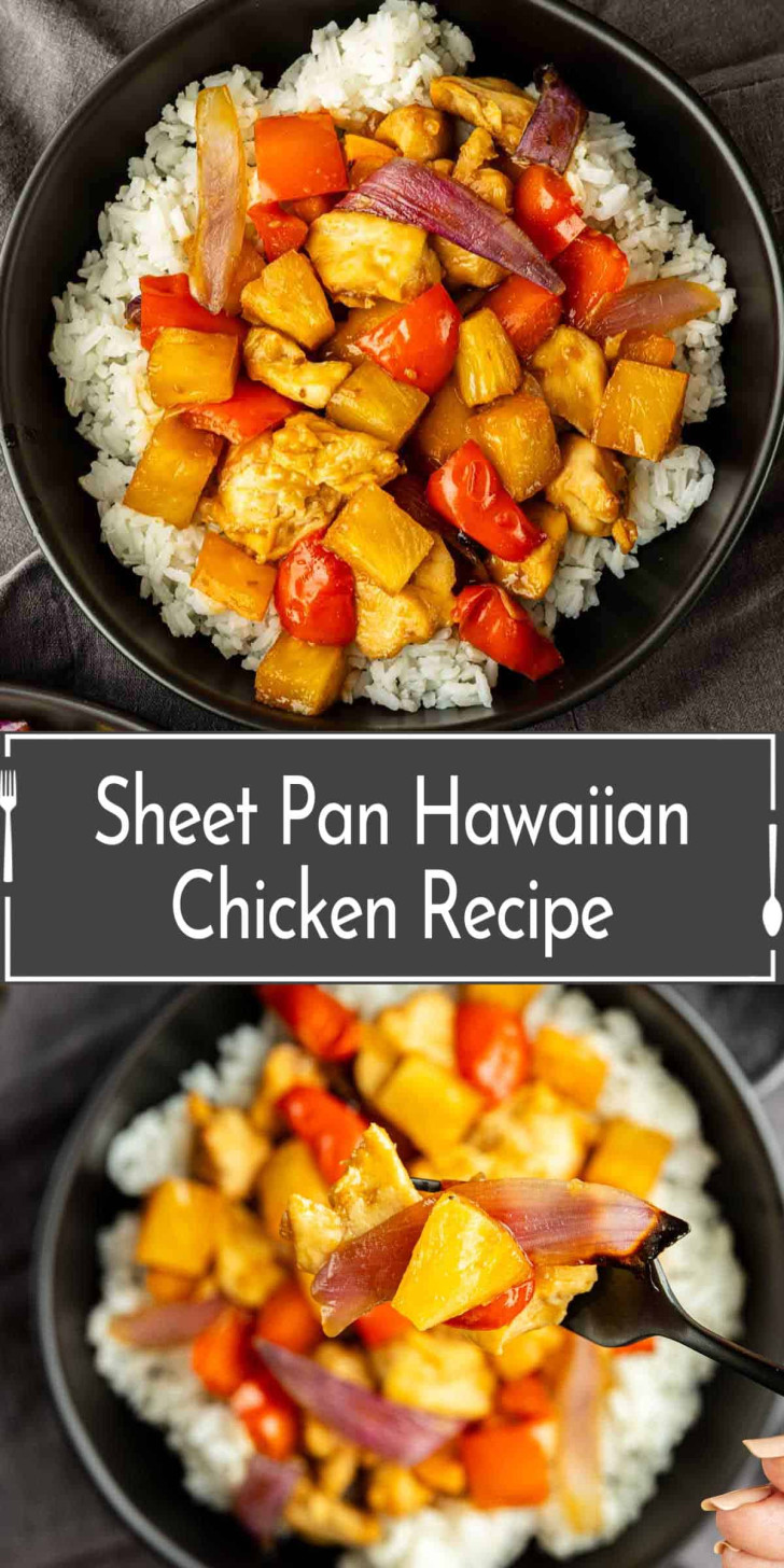 Bowl of white rice topped with cooked chicken, pineapple, red bell pepper, and red onion, with a fork holding a bite; text reads "Sheet Pan Hawaiian Chicken Recipe.