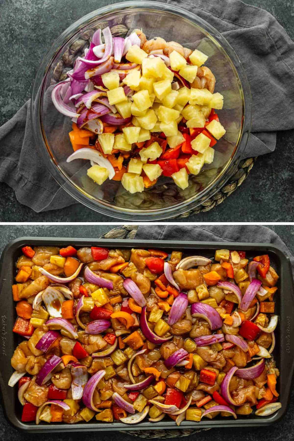 A glass bowl with chopped pineapple, red onion, and bell pepper sits above a sheet pan filled with mixed veggies and chicken—an easy weeknight dinner featuring the irresistible flavors of one pan Hawaiian chicken.
