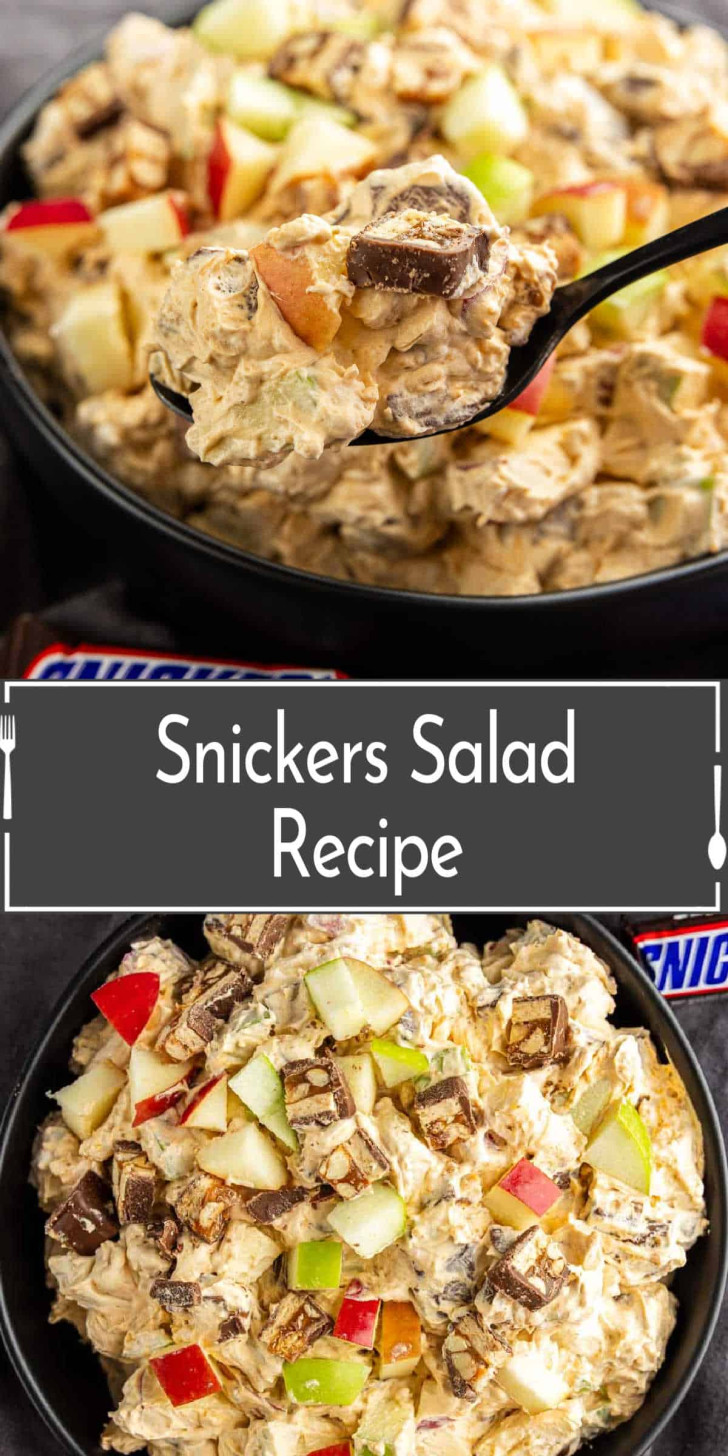 A bowl of Snickers salad with chopped apples and Snickers bars, shown with a spoonful being lifted; text overlay reads "Snickers Salad Recipe.