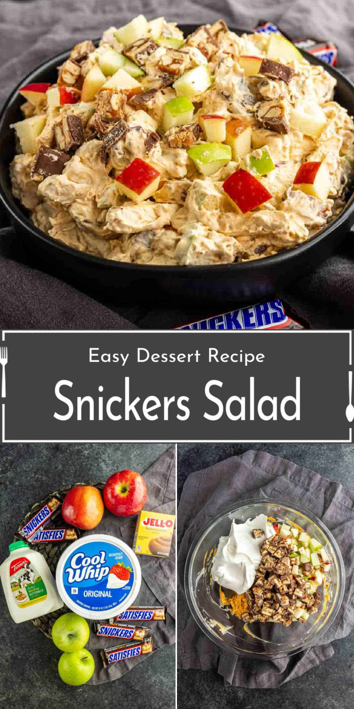 A bowl of Snickers salad topped with apple pieces and Snickers bars, shown with its ingredients: apples, Snickers bars, Cool Whip, instant pudding, and milk, along with a mixing bowl.