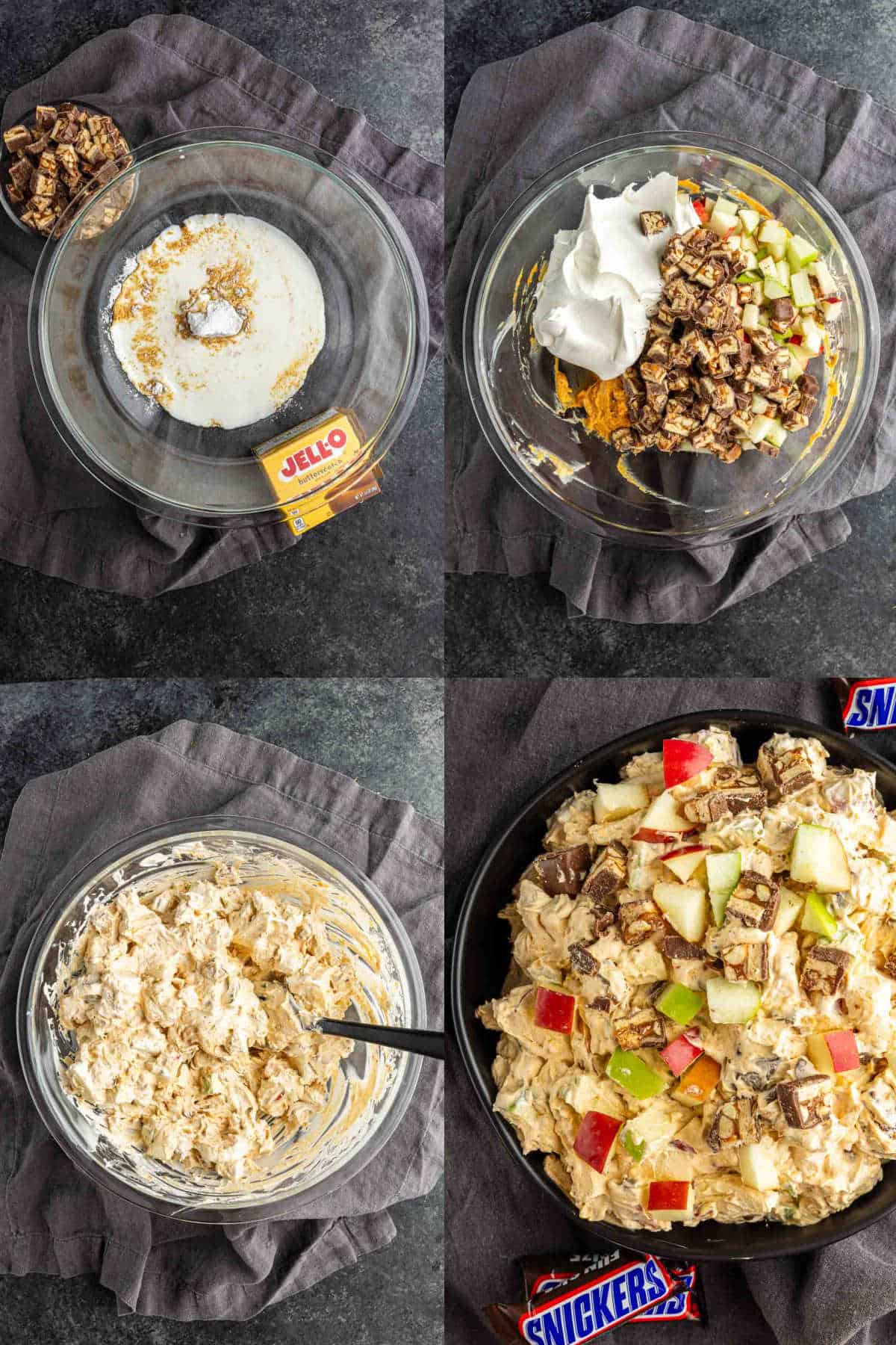 Four-step collage showing the preparation of easy Snickers Salad with pudding mix, whipped topping, apples, and chopped Snickers bars in a clear bowl on a dark surface.