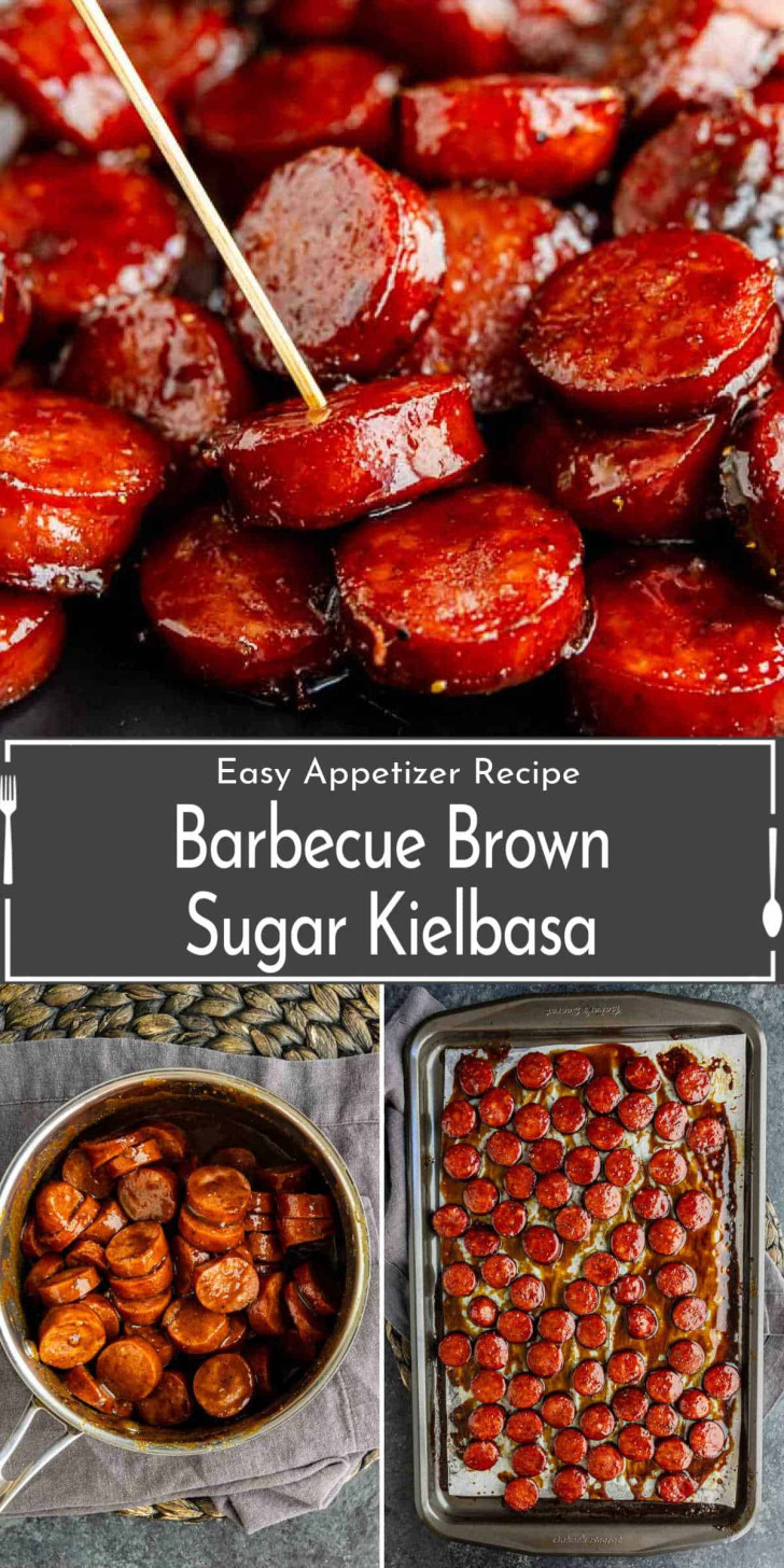 Sliced barbecue brown sugar kielbasa served on a plate, shown in close-up, in a mixing bowl, and on a baking sheet. Text overlay reads "Barbecue Brown Sugar Kielbasa.